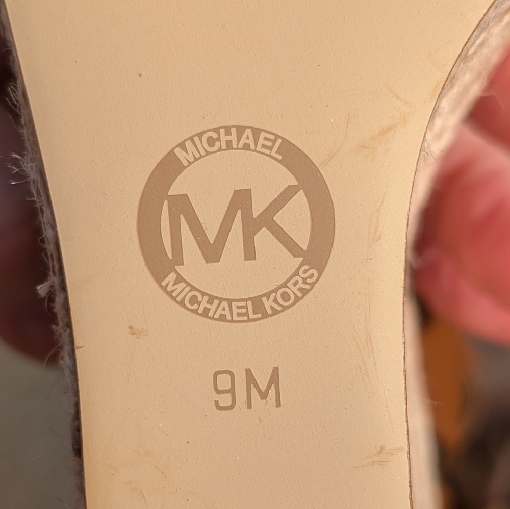 Michael Kors Tan Leather Ankle-Strap Wedge Sandals with Logo Toe Band - Picture 7 of 8